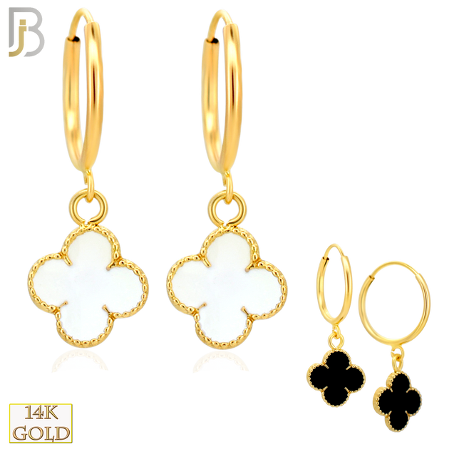 14-ES250 - 14k Yellow Gold Enamel Four Leaf Clover Dangling Hoop Earrings image 0