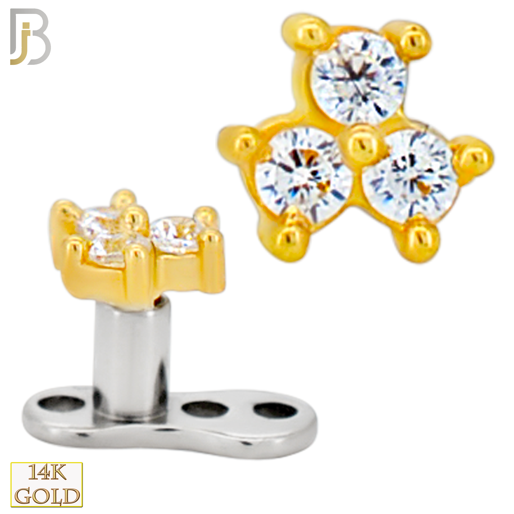 14-G23-DM17 - 14k Titanium Anchor and 14k Gold Top Three CZ in Prong Setting Dermal - Internally Threaded image 0