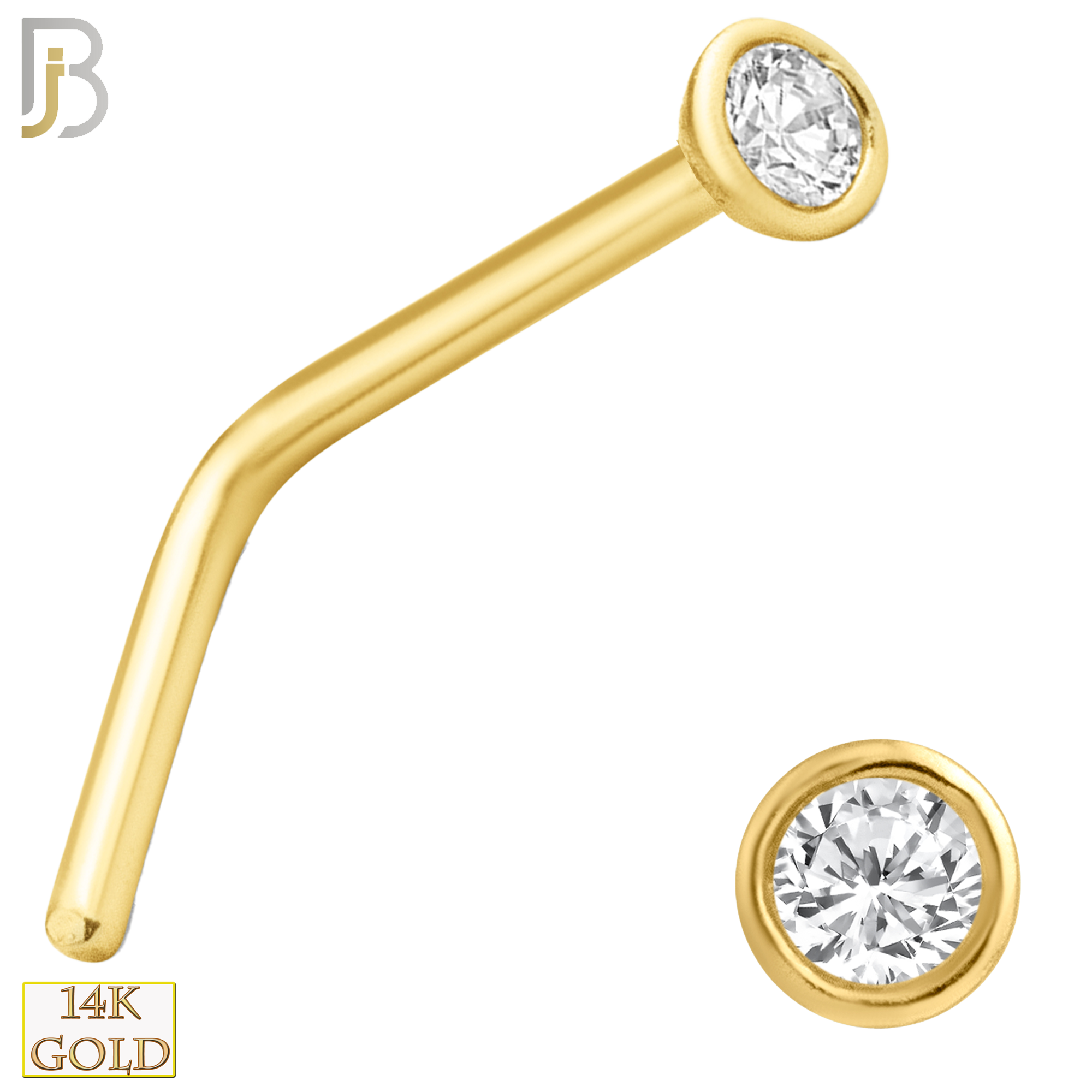 14-NR06C - 14k Yellow Gold L-Shape Nose Ring with Round CZ in Bezel Setting image 1