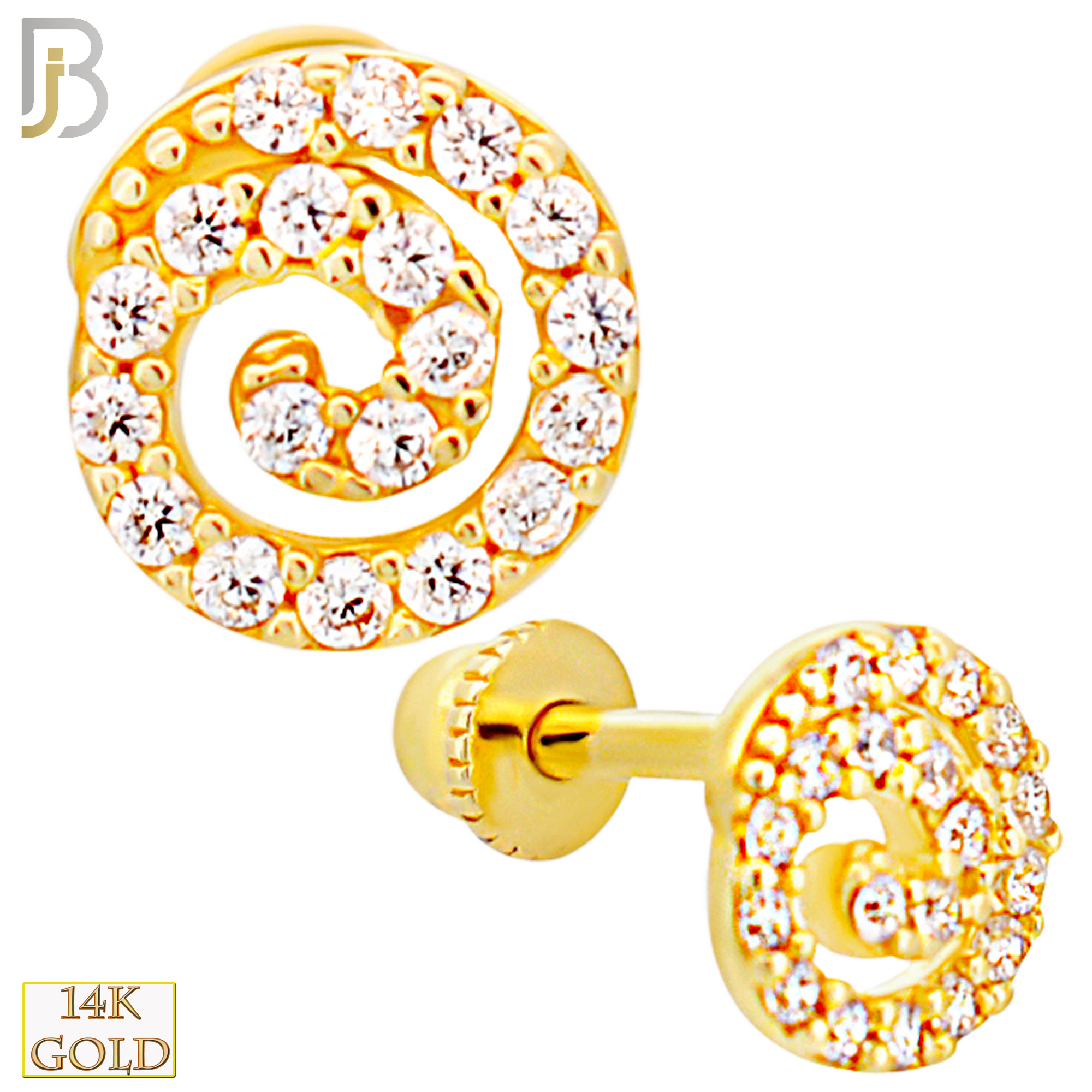 14-TB54 - 14k Yellow Gold Spiral with Multi CZ Tragus Barbell with Baby Screw Backing image 0
