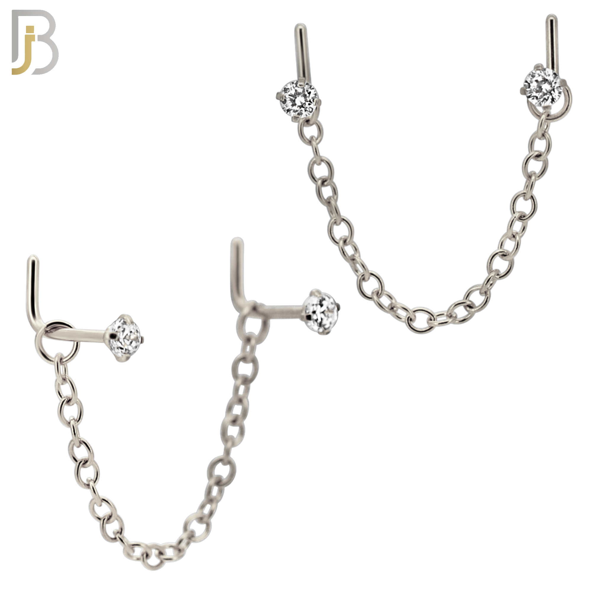 NR119L - 316 Surgical Steel Double L-Shaped Nose Rings with 2.5mm CZ in Prong Set and Single Chain Link - (Pack of 3) image 1