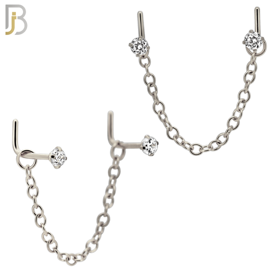 NR119L - 316 Surgical Steel Double L-Shaped Nose Rings with 2.5mm CZ in Prong Set and Single Chain Link - (Pack of 3) image 1