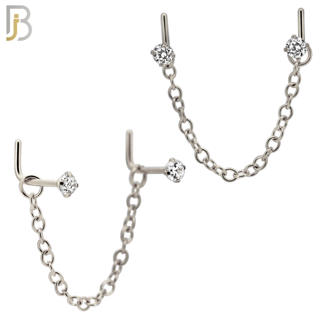 NR119L - 316 Surgical Steel Double L-Shaped Nose Rings with 2.5mm CZ in Prong Set and Single Chain Link - (Pack of 3) image 1