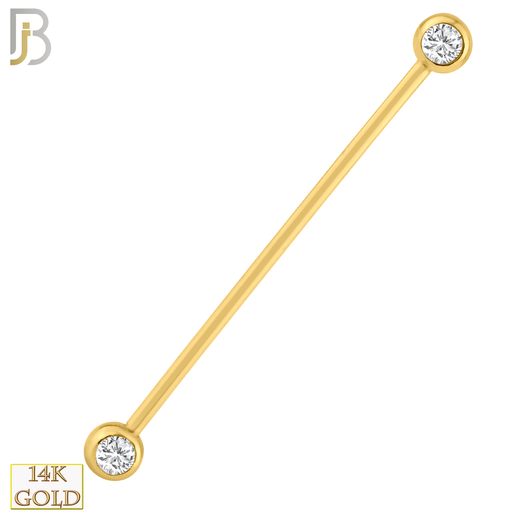 14-BB07 - 14k Solid Gold Industrial Barbell with Double Gem Ball CZ Externally Threaded - 16g - 1.2mm, 37mm - 1"1/2 image