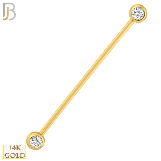 14-BB07 - 14k Solid Gold Industrial Barbell with Double Gem Ball CZ Externally Threaded - 16g - 1.2mm, 37mm - 1"1/2 image