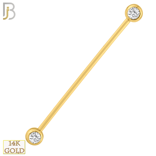 14-BB07 - 14k Solid Gold Industrial Barbell with Double Gem Ball CZ Externally Threaded - 16g - 1.2mm, 37mm - 1"1/2 image