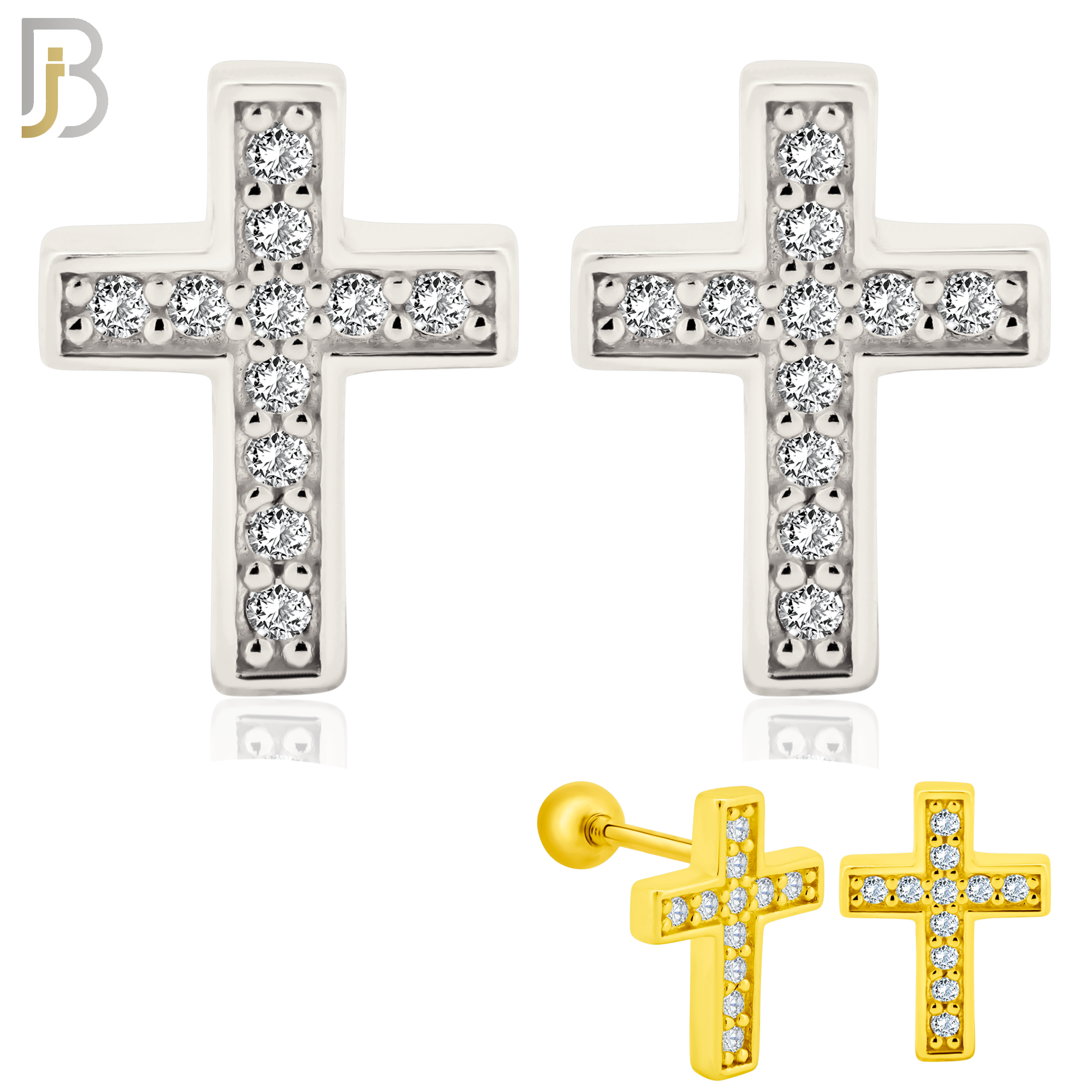 925-ES368 - Screw Ball Back - .925 Sterling Silver Cross Stud Earrings - Small image 0
