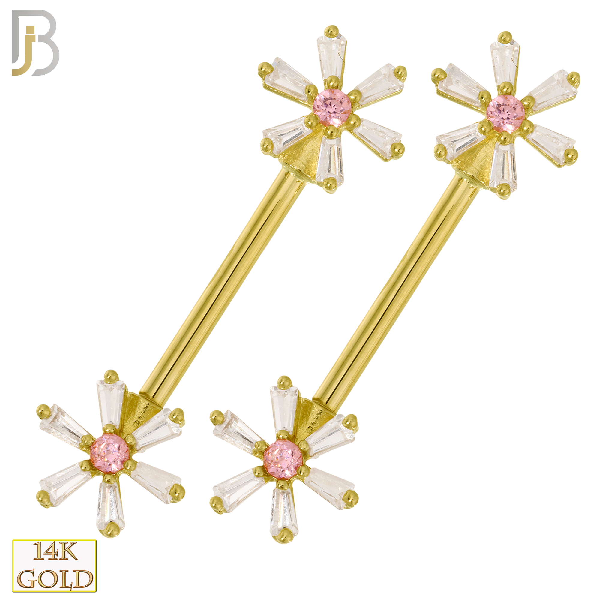 14-NP29 – 14K Solid Gold Flower Design with Zircon Externally Threaded Nipple Ring (Pair) image 1