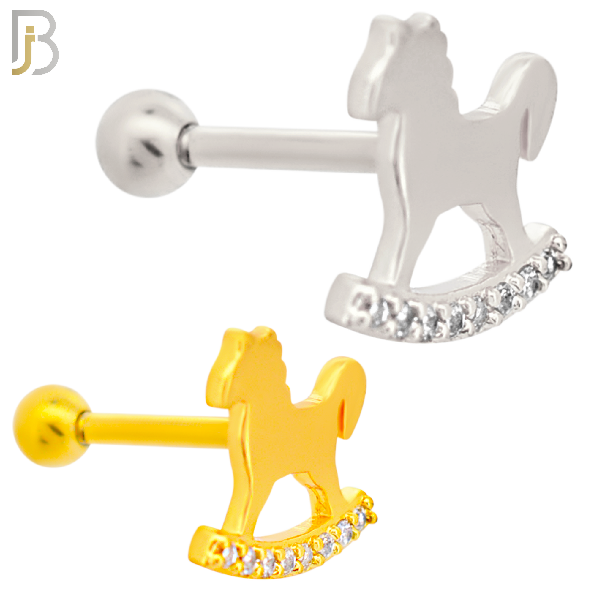 TB50 - 316L Stainless Steel and Brass Rocking Horse with Zircon Design Tragus Barbell Cartilage Piercing Externally Threaded (PACK OF 6) image 0