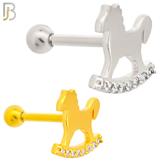 TB50 - 316L Stainless Steel and Brass Rocking Horse with Zircon Design Tragus Barbell Cartilage Piercing Externally Threaded (PACK OF 6) image 0