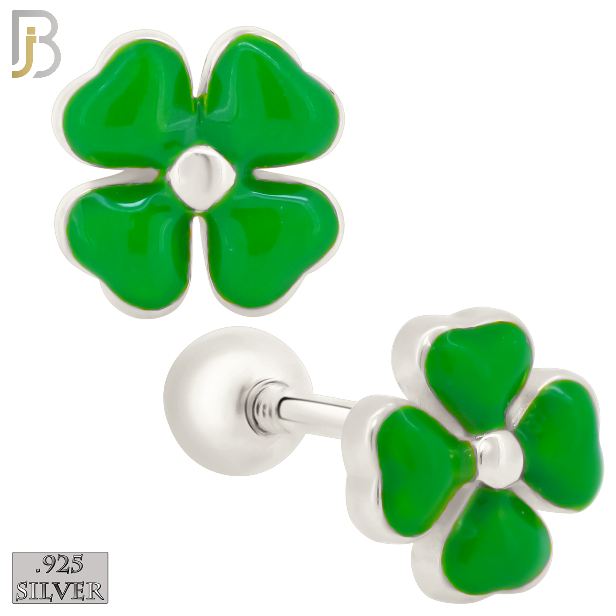 925-ES429 - Screw Ball Back - .925 Sterling Silver Green Enamel Four Leaf Clover Earrings Stud image 0