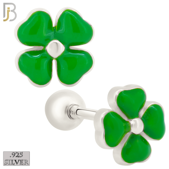 925-ES429 - Screw Ball Back - .925 Sterling Silver Green Enamel Four Leaf Clover Earrings Stud image 0