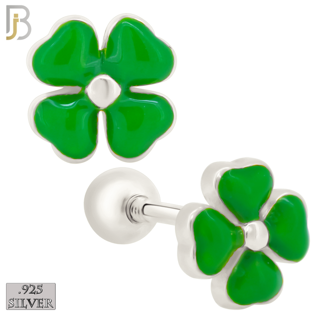 925-ES429 - Screw Ball Back - .925 Sterling Silver Green Enamel Four Leaf Clover Earrings Stud image 0