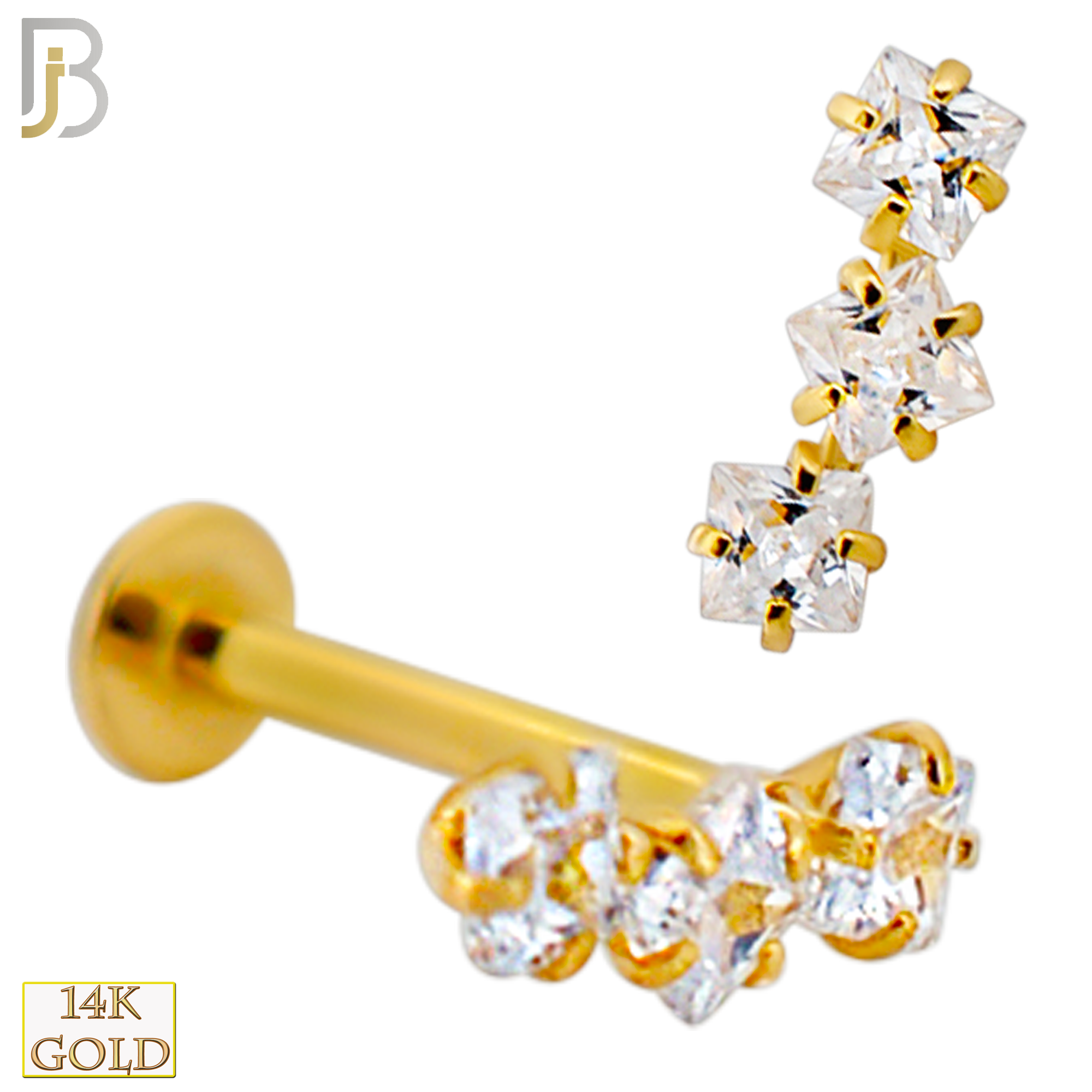 14-LB121 - 14k Yellow Gold Three (3) Square Cubic Zirconia in Prong Setting Labret - Yellow Gold image