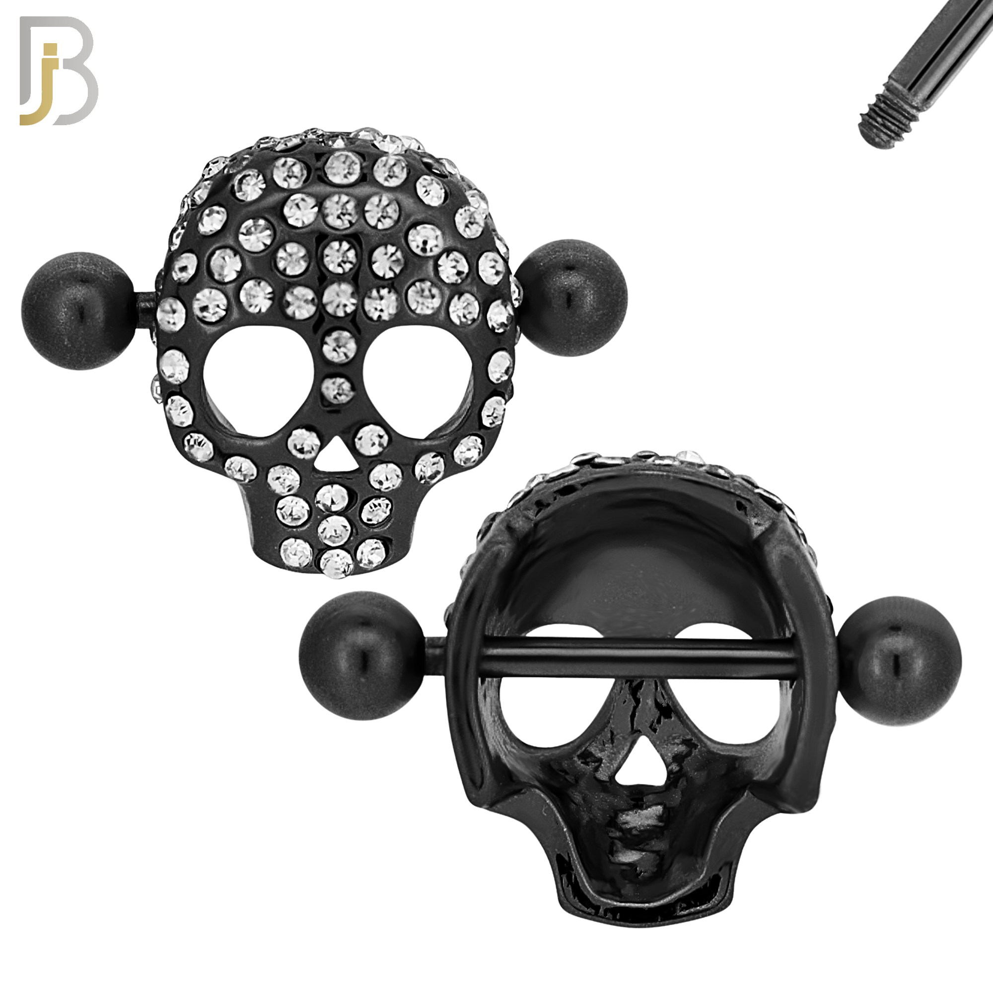 NP35 - 316L Surgical Steel Screw Shield Barbell with Alloy Skull Design Zircon Pair image 3