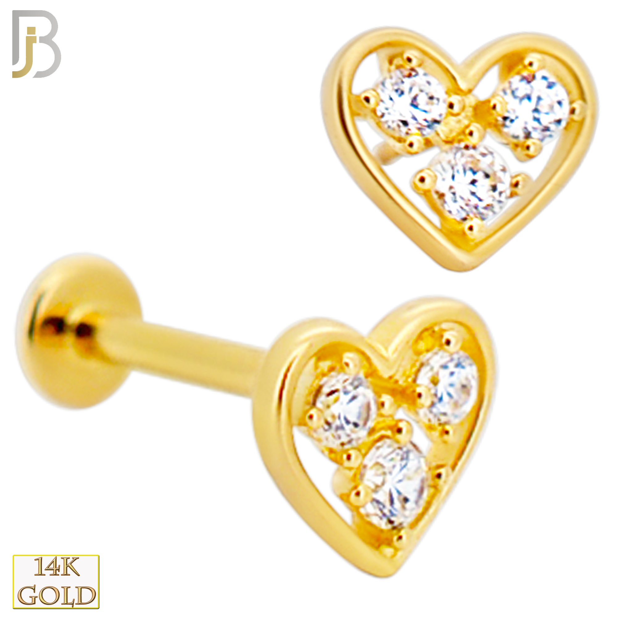 14-LB125 - 14k Yellow Gold Heart with Three (3) Cubic Zirconia Labret - Yellow Gold image