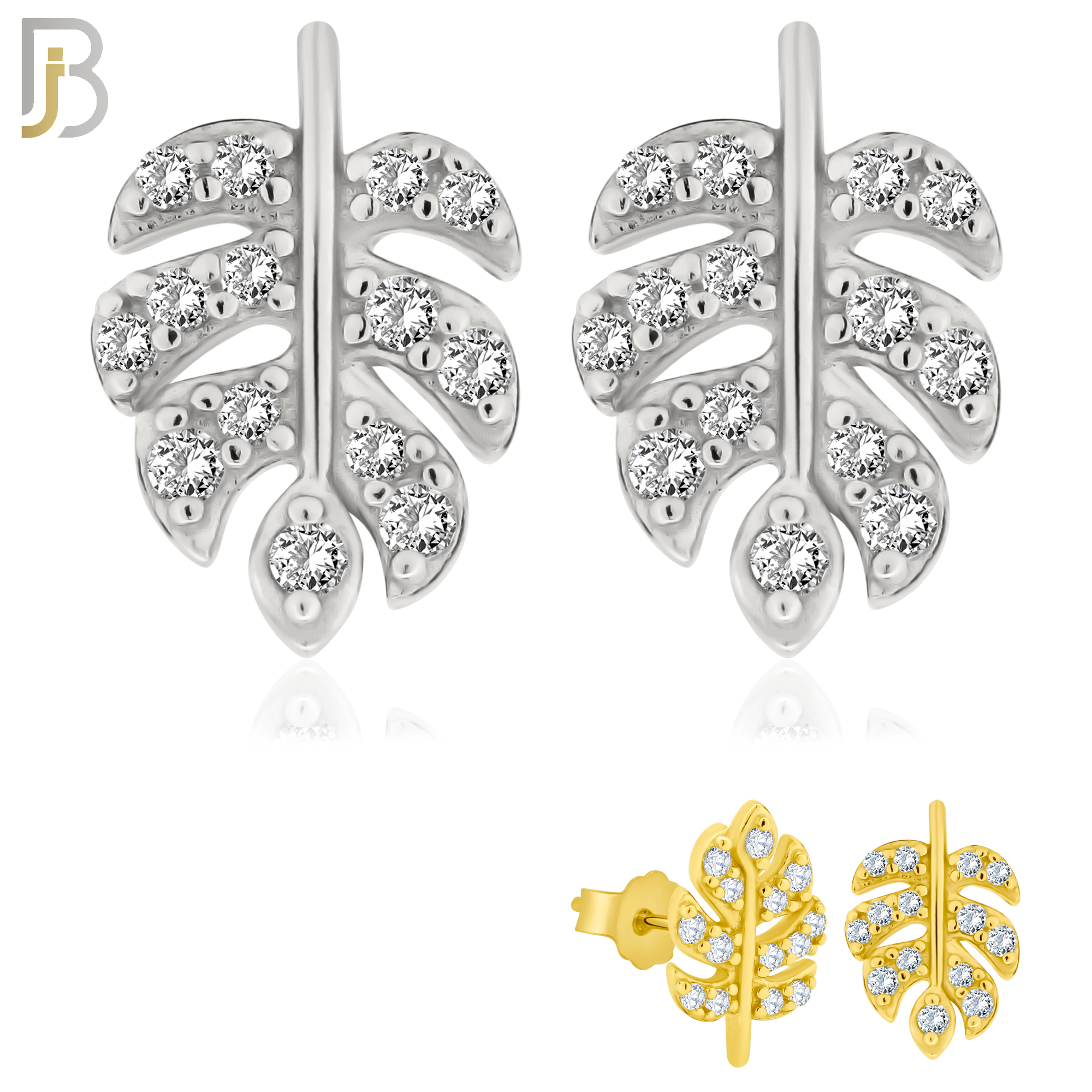 925-ES146 - .925 Sterling Silver Leaf Design with Zircon Design Earring Stud image 0