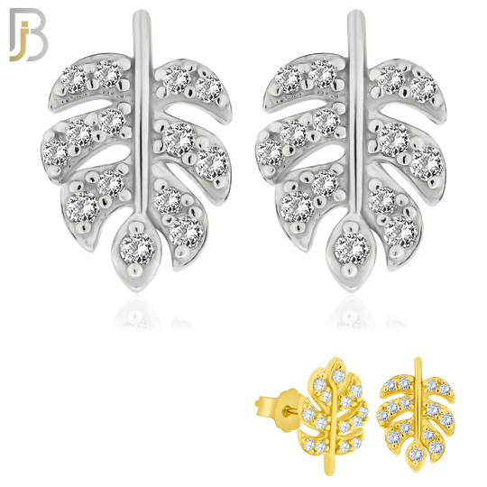 925-ES146 - .925 Sterling Silver Leaf Design with Zircon Design Earring Stud image 0