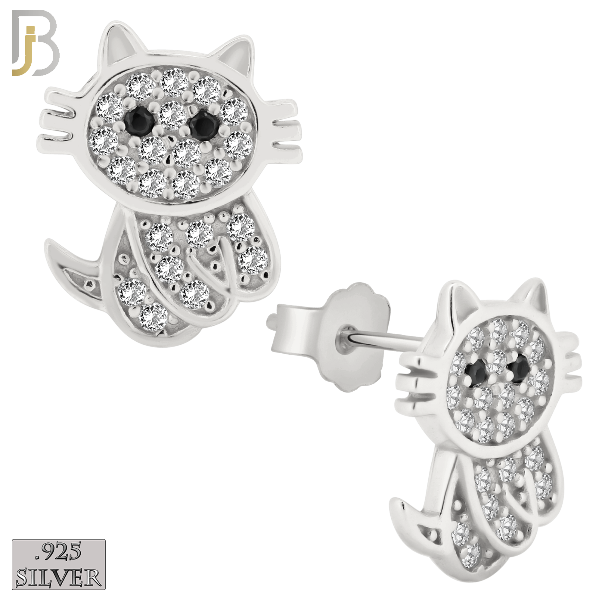 925-ES197 - .925 Sterling Silver Cat Design Earring Stud with Clear Zircon image 1