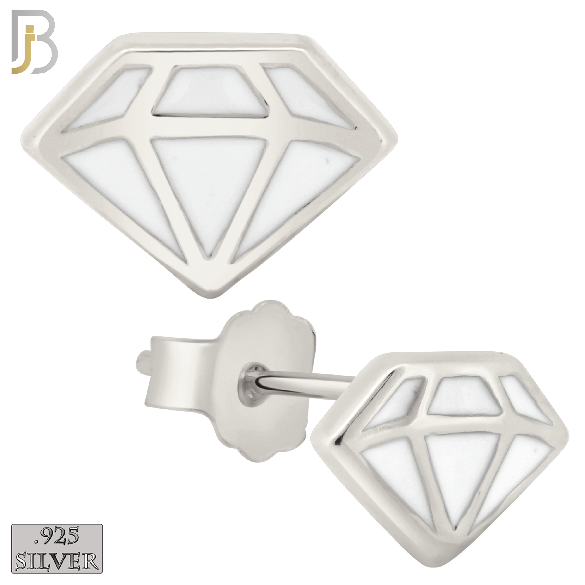 925-ES428 - Push Back - 925 Sterling Silver White Enamel Diamond Design Earrings Stud image 0