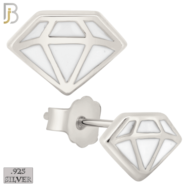925-ES428 - Push Back - 925 Sterling Silver White Enamel Diamond Design Earrings Stud image 0