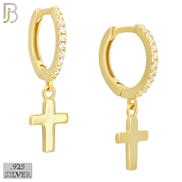 925-ES480 - 925 Sterling Silver Dangling Plain Cross with CZ Studded Hoop Earrings image 1