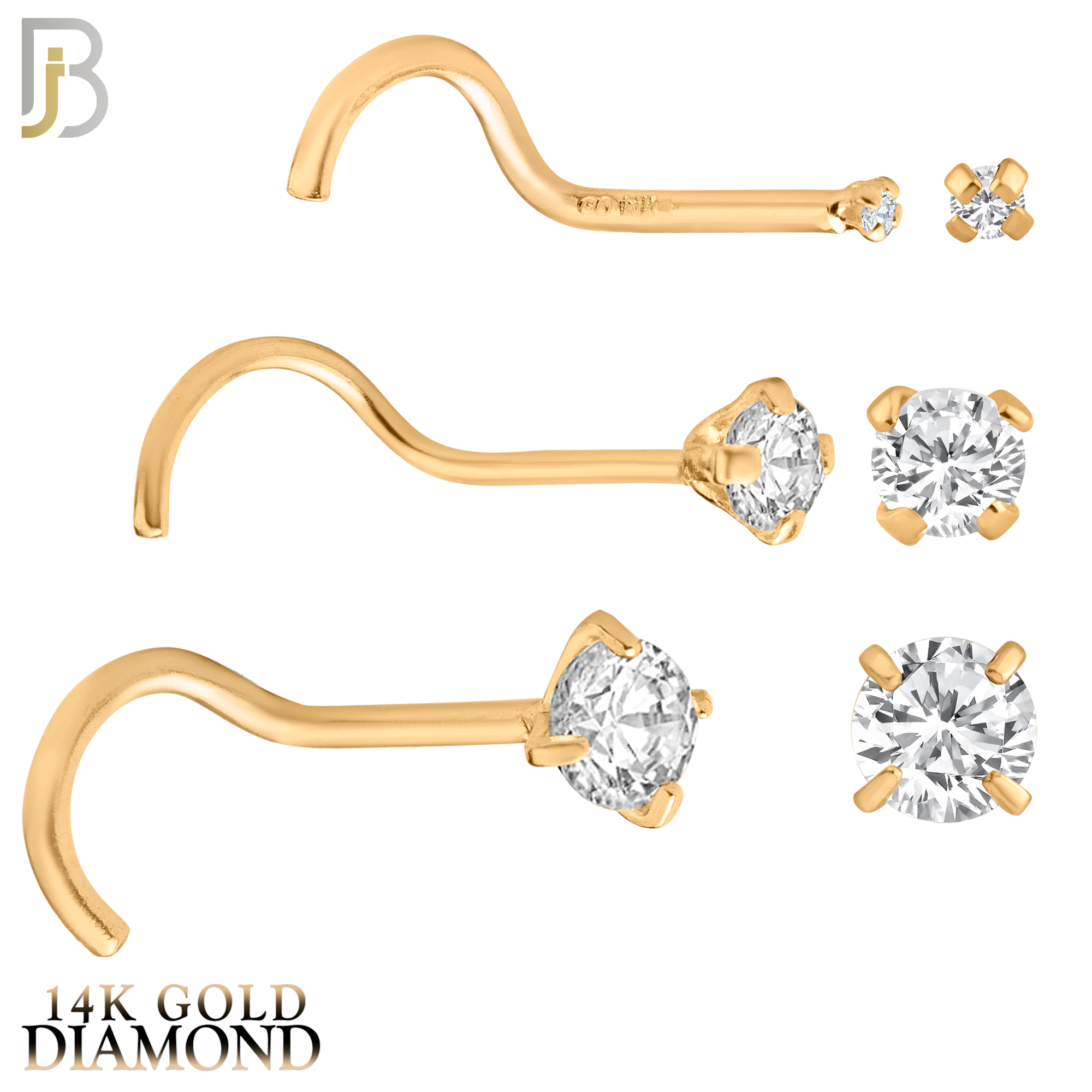 14-NR03D-20 - 20g - 14k Solid Gold Prong Setting Round Natural Diamond Nose Screw, Cork Screw image 2