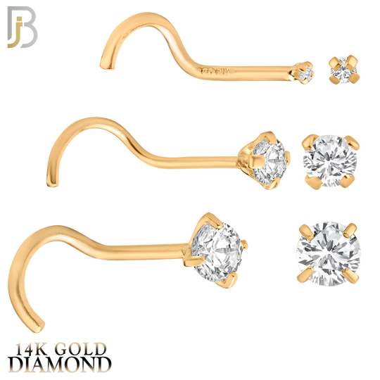 14-NR03D-20 - 20g - 14k Solid Gold Prong Setting Round Natural Diamond Nose Screw, Cork Screw image 2