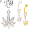 N045 - 316L Stainless Steel Dangling Marijuana Leaf with Zircon Design Belly Ring with 5mm Screw Ball image 0