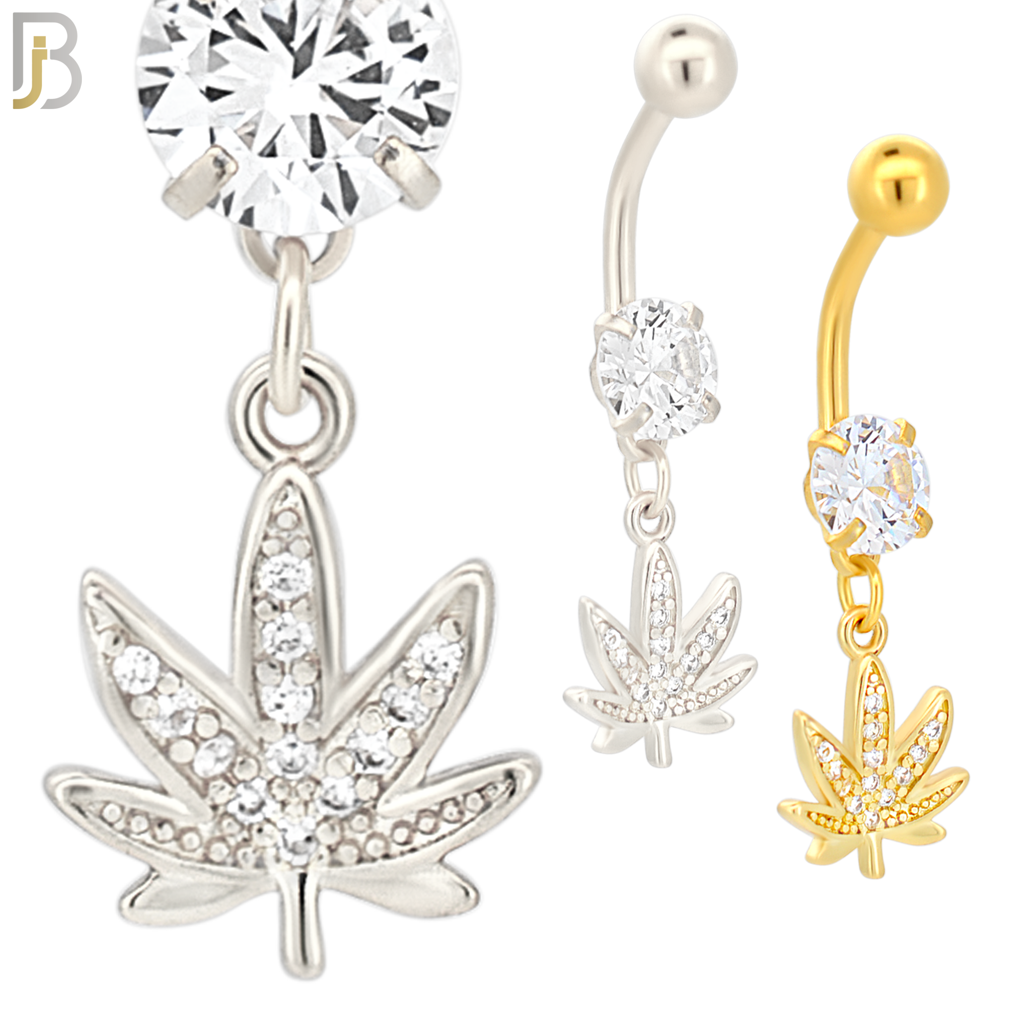 N045 - 316L Stainless Steel Dangling Marijuana Leaf with Zircon Design Belly Ring with 5mm Screw Ball image 0