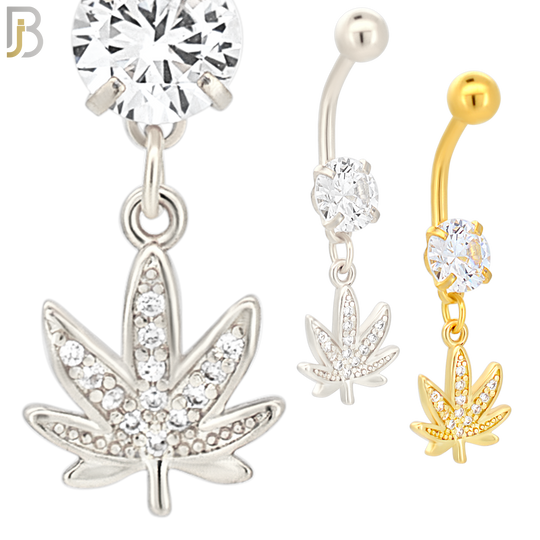 N045 - 316L Stainless Steel Dangling Marijuana Leaf with Zircon Design Belly Ring with 5mm Screw Ball image 0