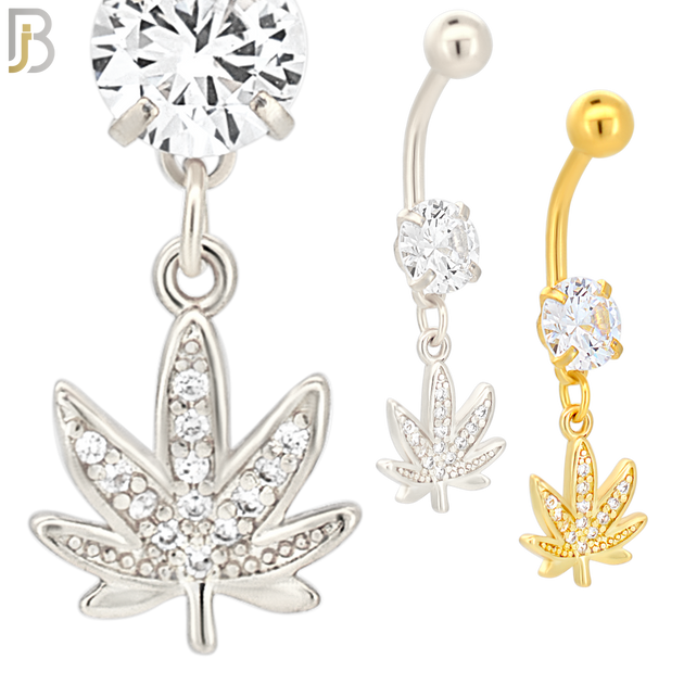 N045 - 316L Stainless Steel Dangling Marijuana Leaf with Zircon Design Belly Ring with 5mm Screw Ball image 0
