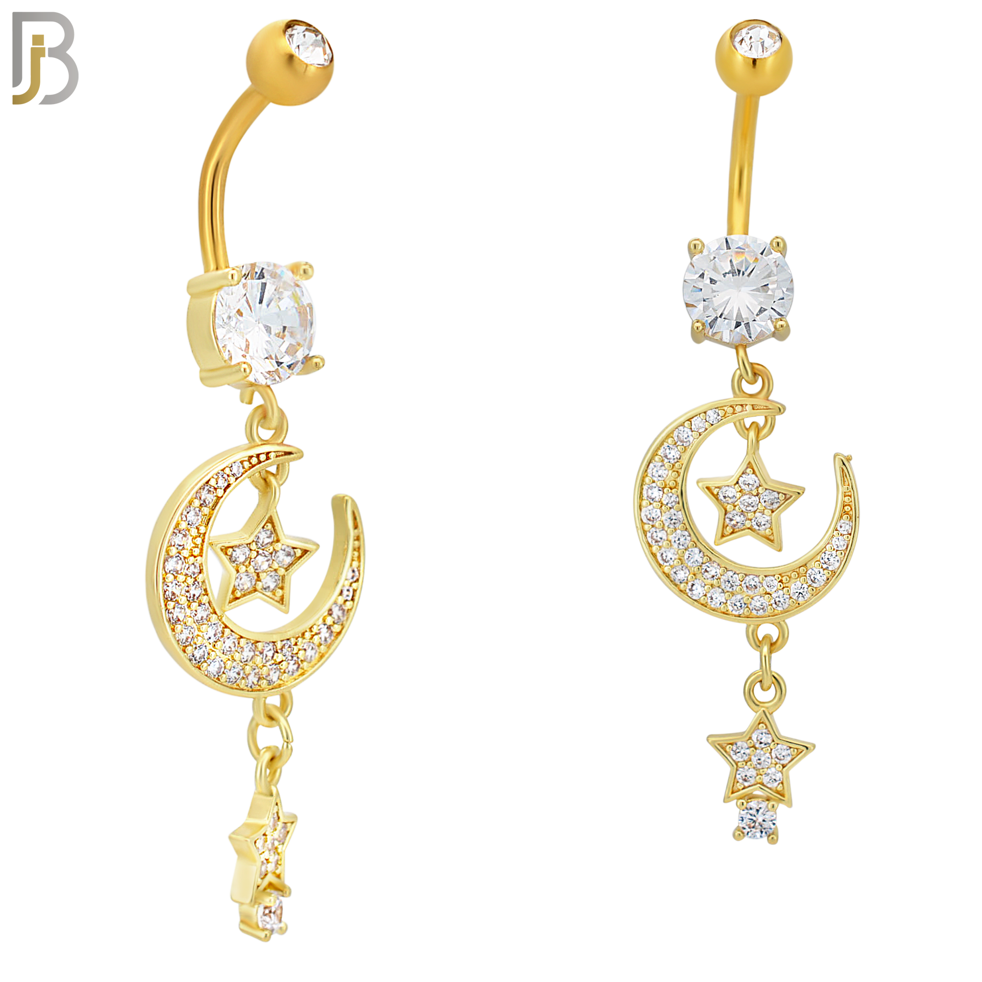 N0101  - 316L Stainless Steel Round Zircon with Dangling Moon and Stars with Zircon Belly Ring image 2