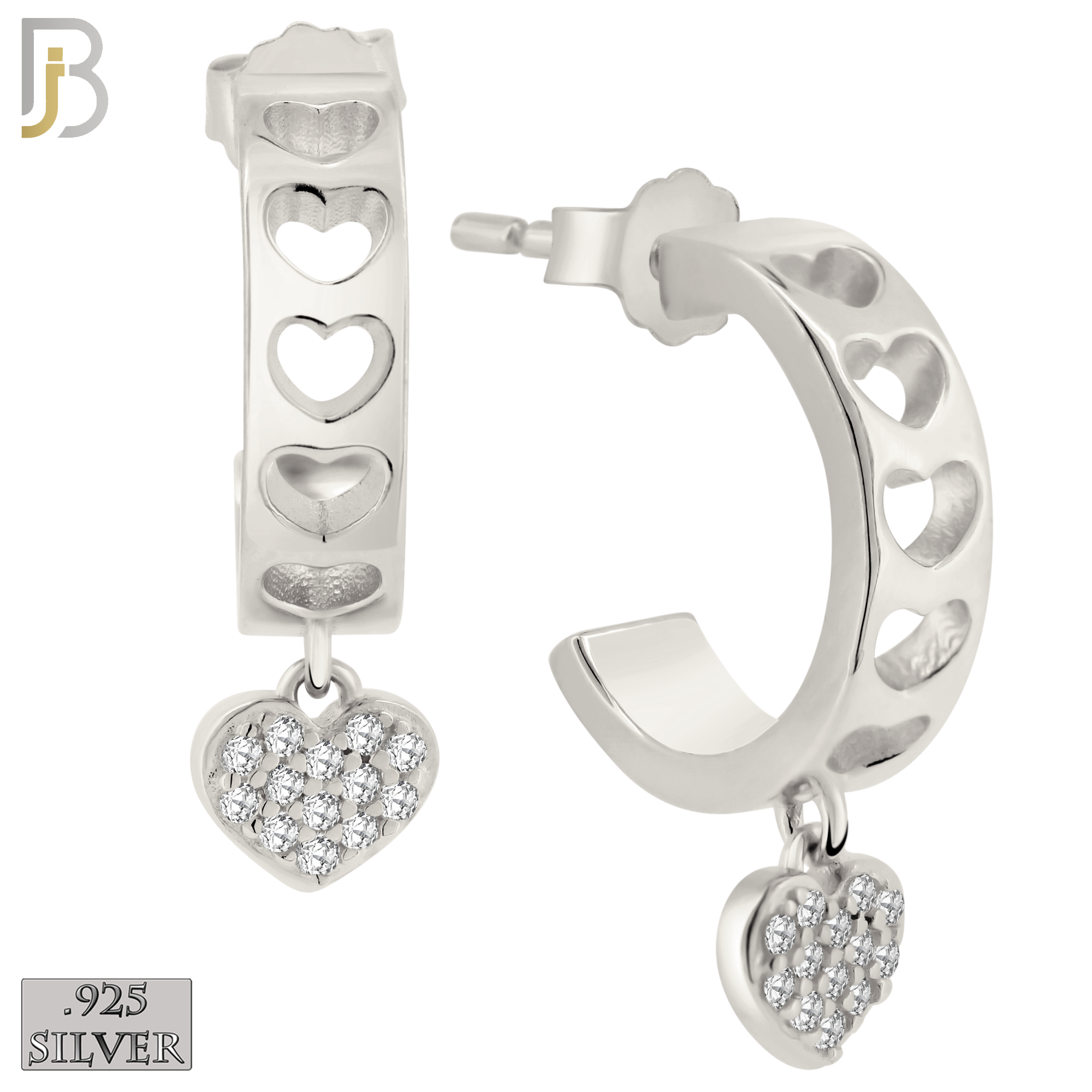 925-ES405 - 925 Sterling Silver Dangling CZ Studded Heart Half Hoop Earrings image 0