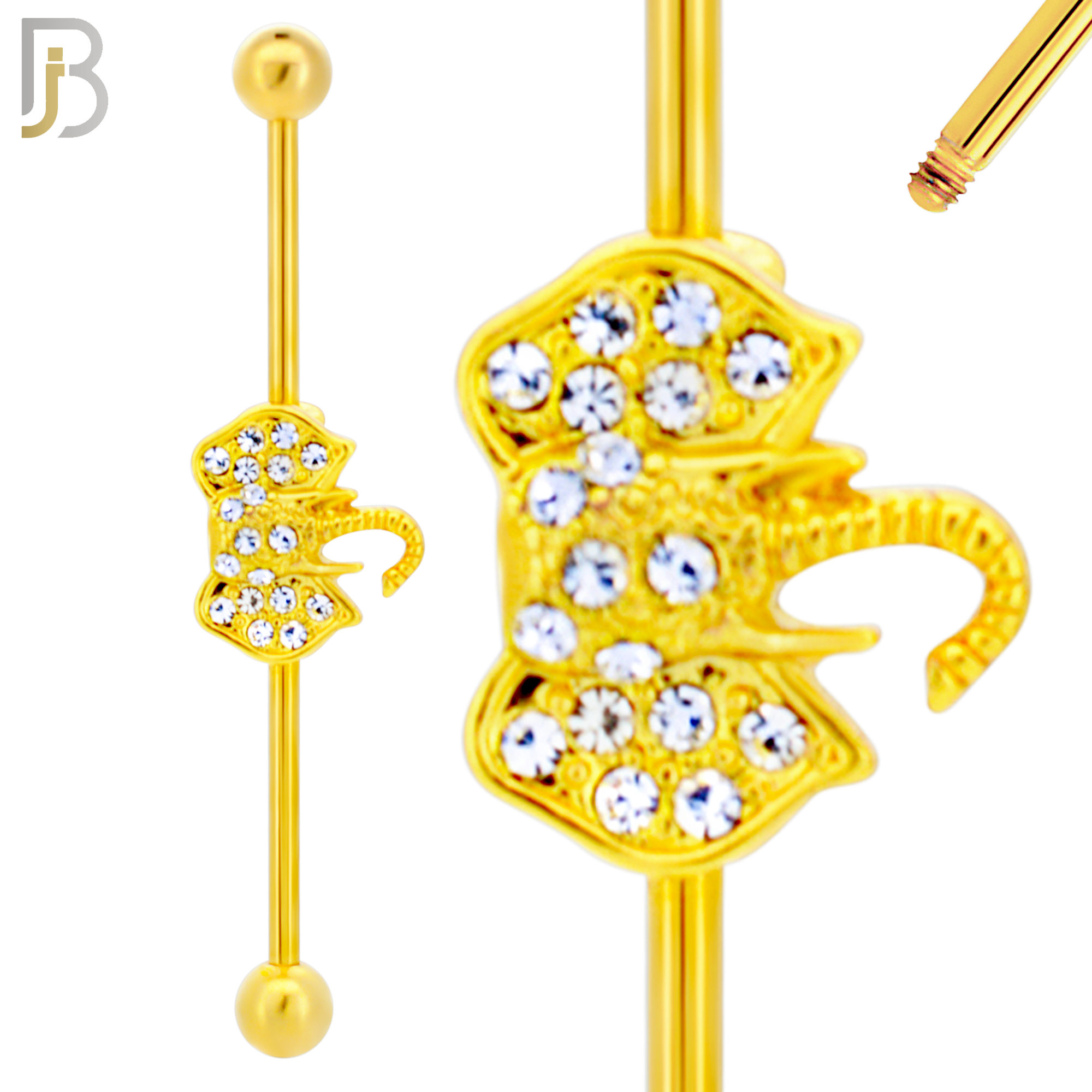 BB34 - 316L Surgical Steel Screw Bar with Alloy Elephant CZ Design Barbell Industrial (PACK OF 4) image 2
