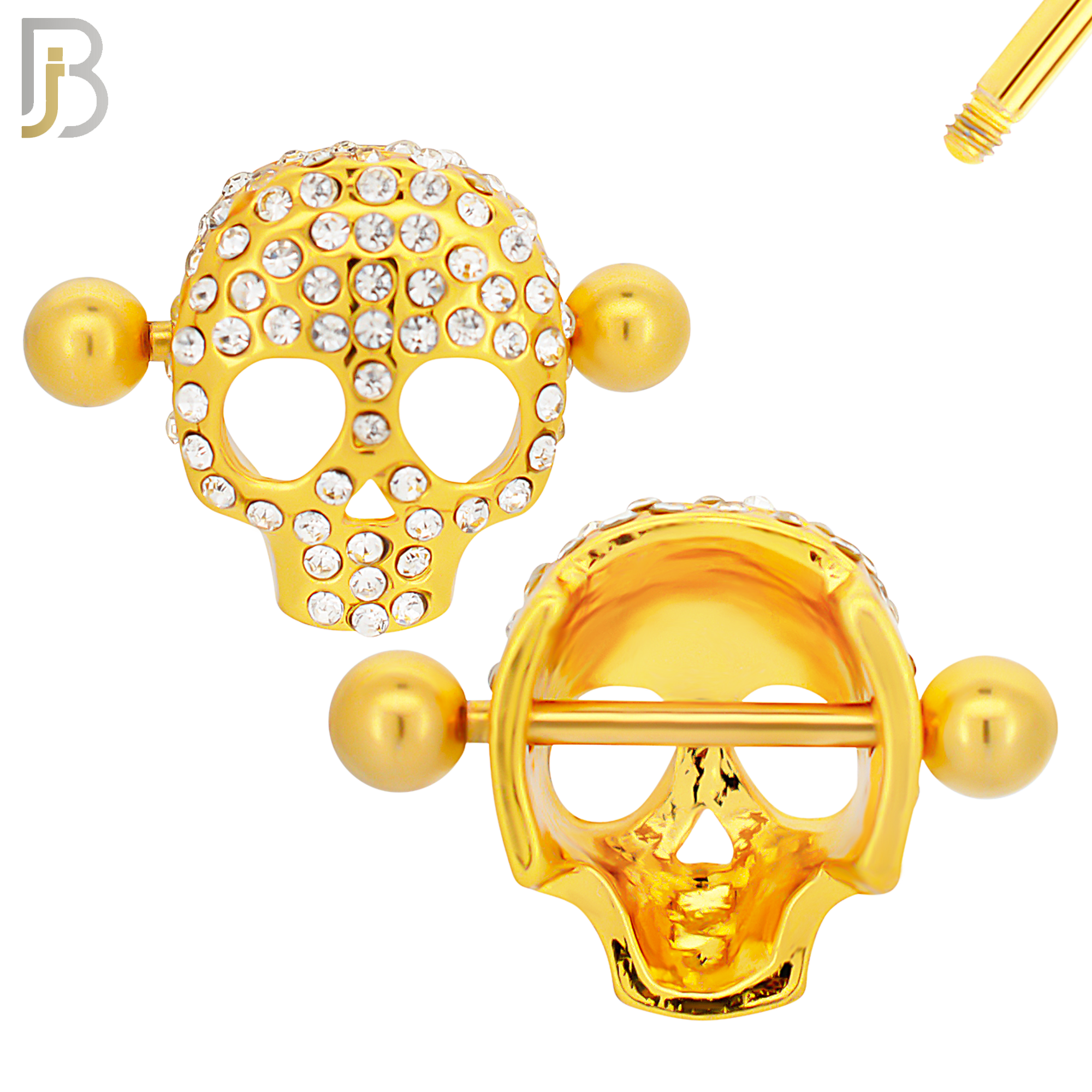 NP35 - 316L Surgical Steel Screw Shield Barbell with Alloy Skull Design Zircon Pair image 4