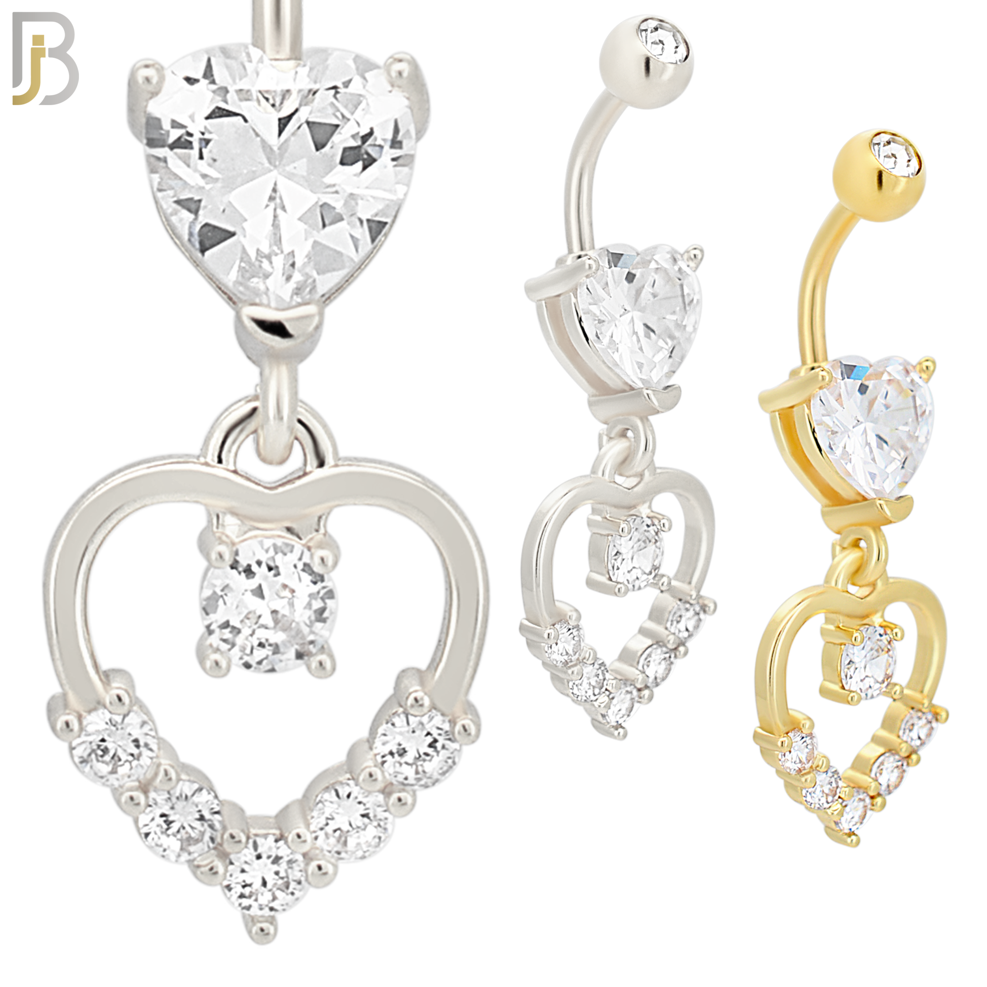N096  - 316L Stainless Steel Heart Shaped Zircon with Dangling Hollow Heart with Zircon Belly Ring image 0