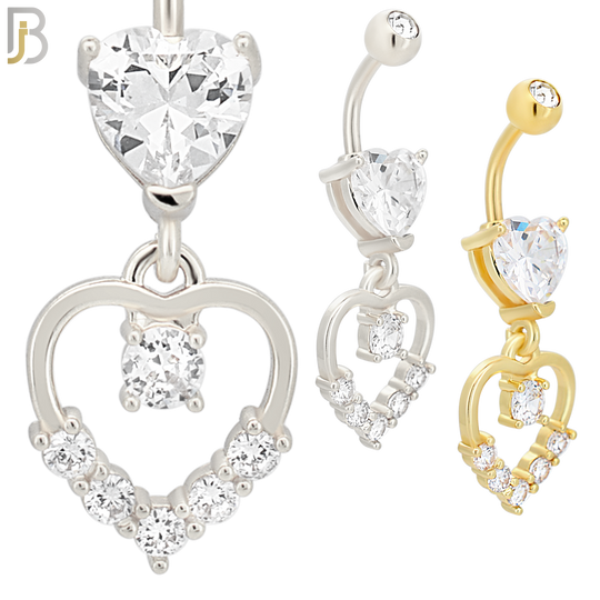 N096  - 316L Stainless Steel Heart Shaped Zircon with Dangling Hollow Heart with Zircon Belly Ring image 0