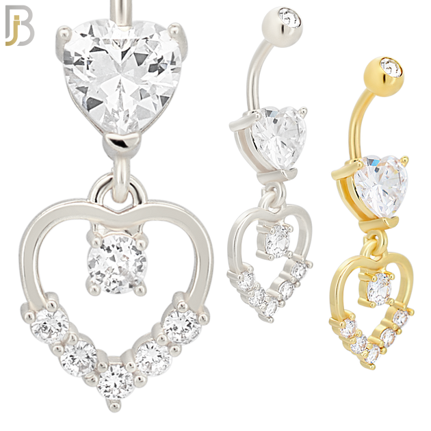 N096  - 316L Stainless Steel Heart Shaped Zircon with Dangling Hollow Heart with Zircon Belly Ring image 0
