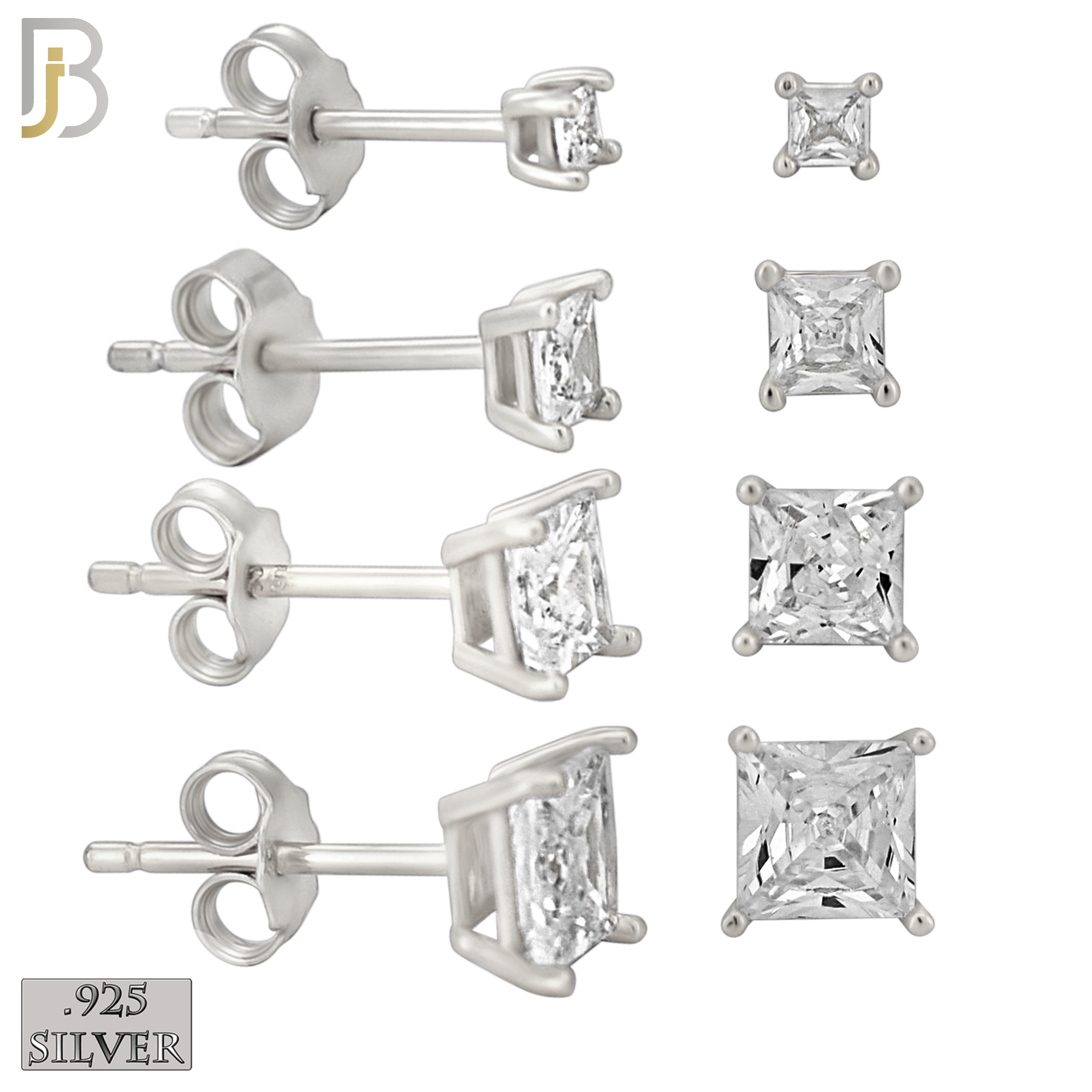 925-ES72-SC - .925 Sterling Silver Rhodium Plated Earring Stud Casting Square Princess Cut Prong Setting Clear Zircon image 0
