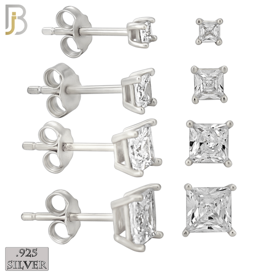 925-ES72-SC - .925 Sterling Silver Rhodium Plated Earring Stud Casting Square Princess Cut Prong Setting Clear Zircon image 0