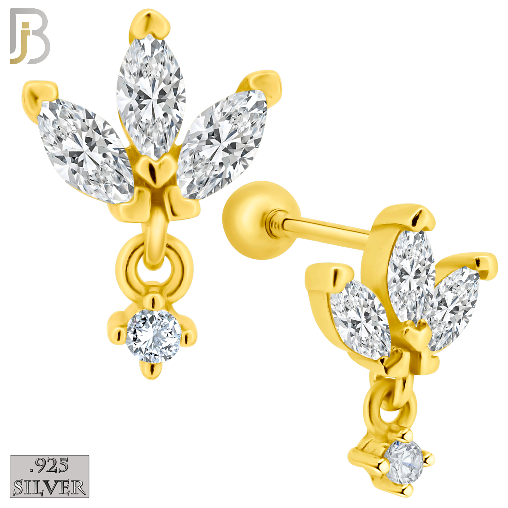 925-ES422 - Screw Ball Back - 925 Sterling Silver Three Leaf Stud Earrings with Dangling Zircon image 1
