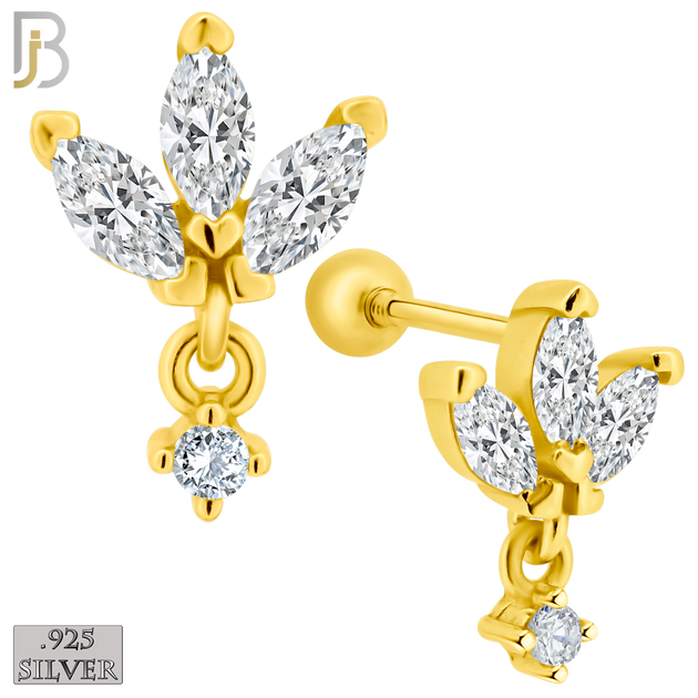 925-ES422 - Screw Ball Back - 925 Sterling Silver Three Leaf Stud Earrings with Dangling Zircon image 1