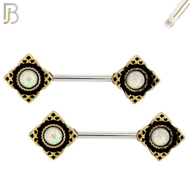 NP72 - 316L Surgical Steel Four Point Filigree with Opalite Center Nipple Ring image 0