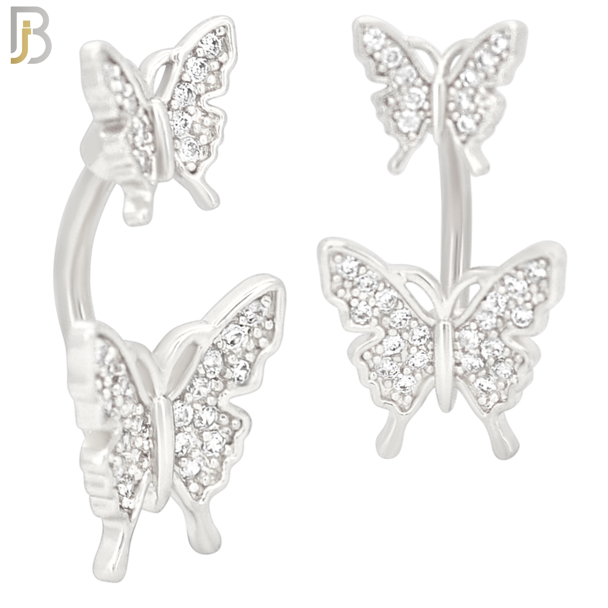 NB62 - 316L Stainless Steel Double Butterfly Banana Belly Ring with Cubic Zirconia image 1