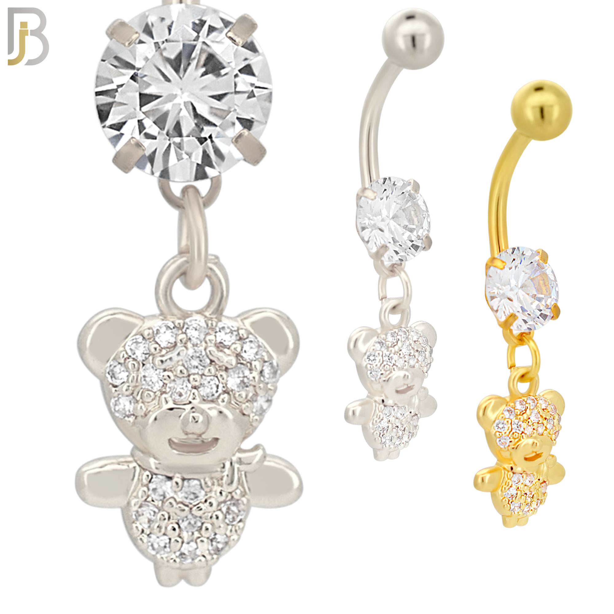 N085  - 316L Stainless Steel Dangling Teddy Bear with CZ Belly Ring image 0