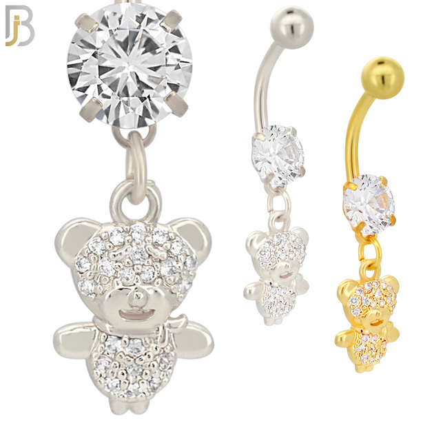 N085  - 316L Stainless Steel Dangling Teddy Bear with CZ Belly Ring image 0