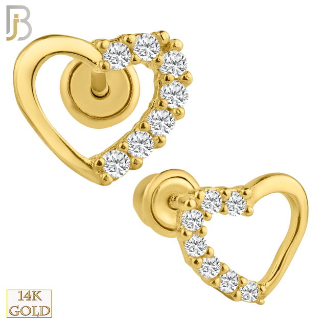 14-ES20 - 14k Solid Gold Screw Back Earrings Hollow Heart with Zircon image 0