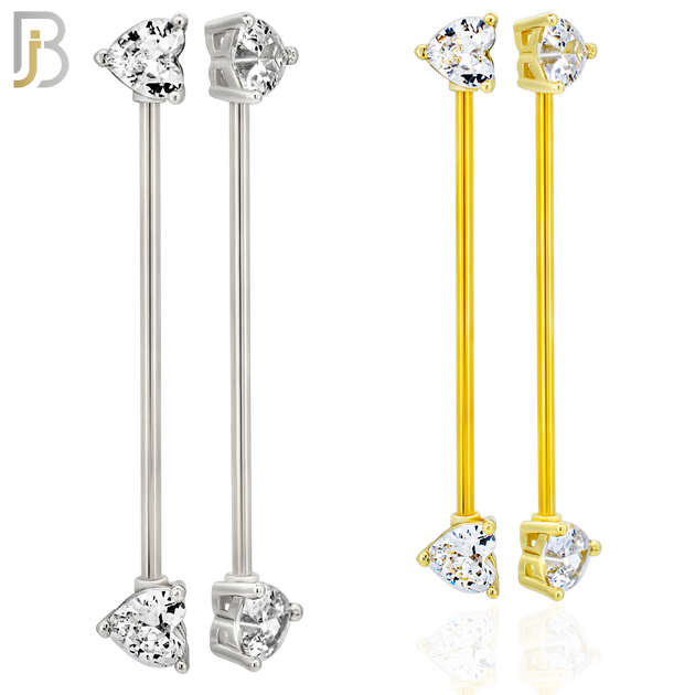 BB48 - 316L Surgical Steel Heart Shaped CZ Externally Threaded Industrial Barbell (PACK OF 4) image 0