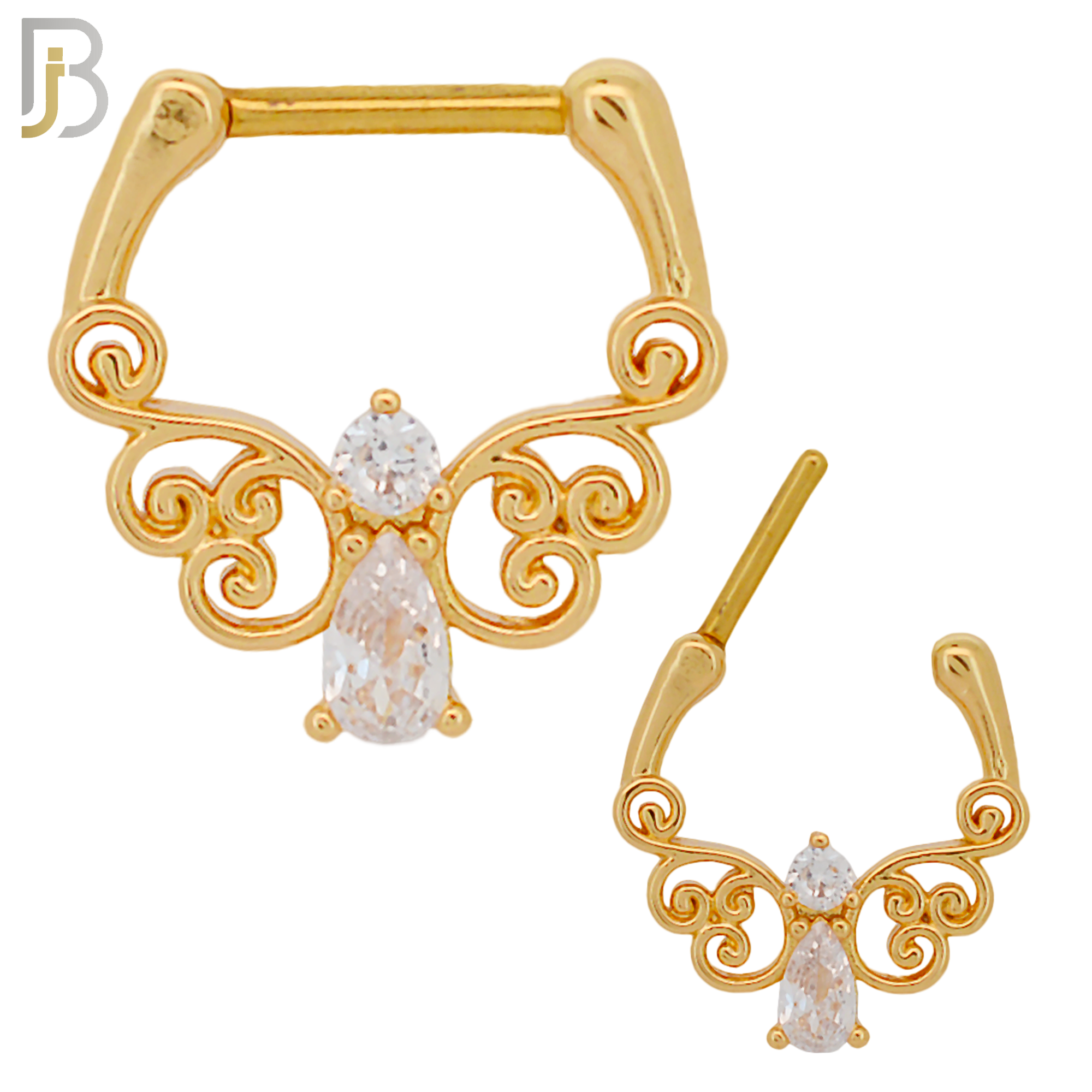 CT75 - 316 Surgical Steel Pear and Round Zircon Nose Clicker for Septum Piercing (PACK OF 6) - Gold Plated image